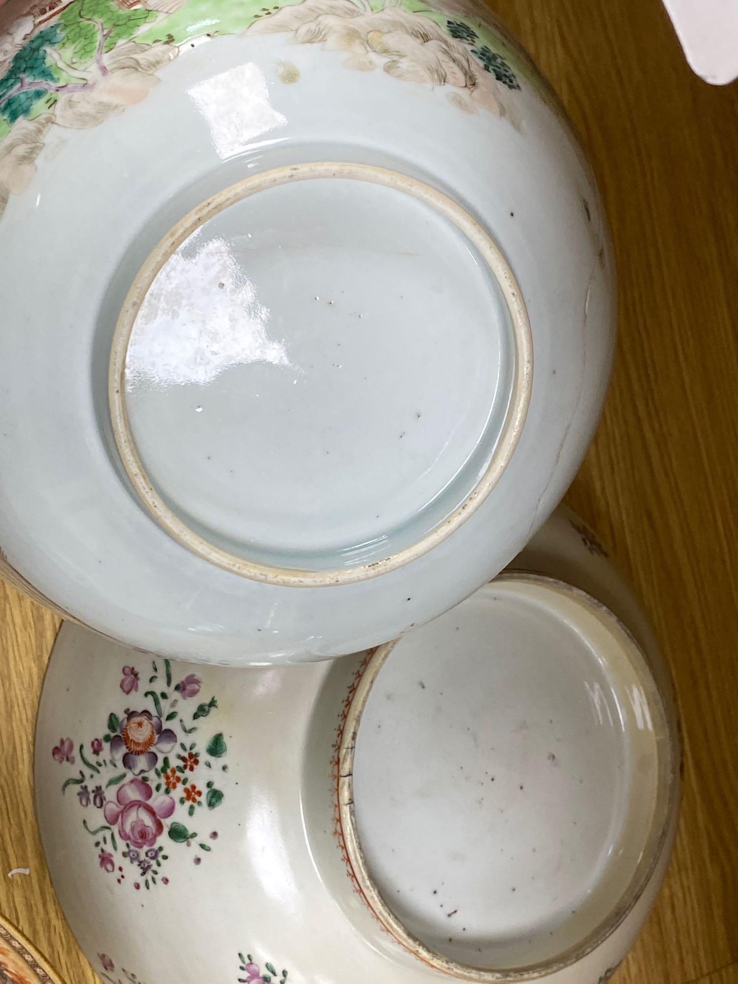 Five various 18th century Chinese export porcelain bowls, diameter of largest 29cm